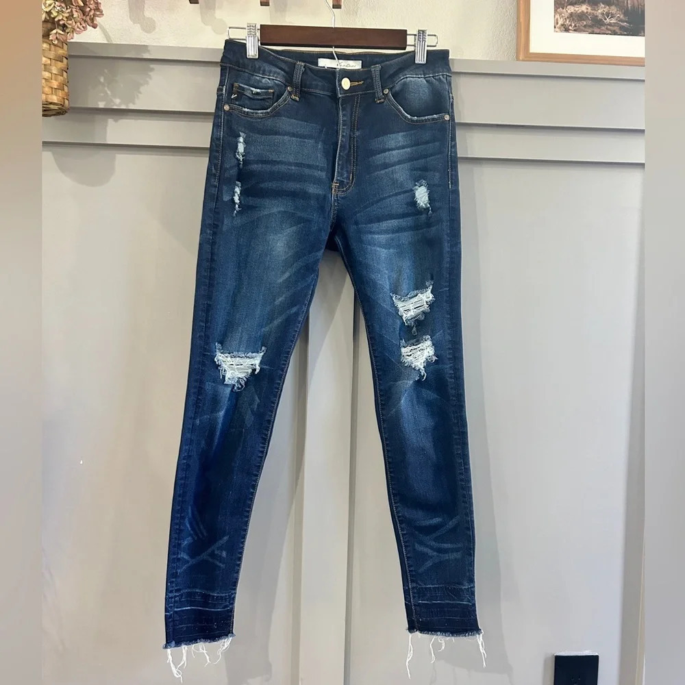 KanCan Dark Blue Distressed Skinny Jeans Raw Hem Size 27